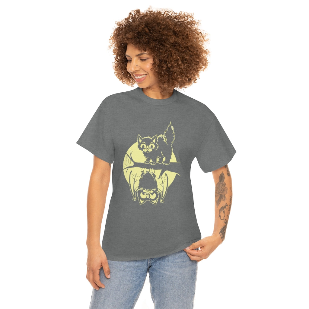 Cat & Bat | Unisex | Heavy Cotton | T-Shirt | Halloween | Moon | Cute