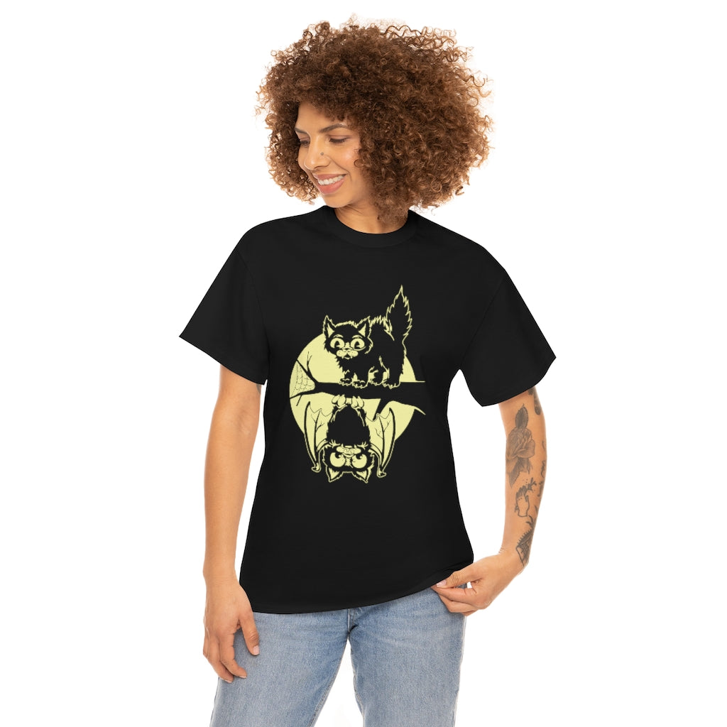 Cat & Bat | Unisex | Heavy Cotton | T-Shirt | Halloween | Moon | Cute