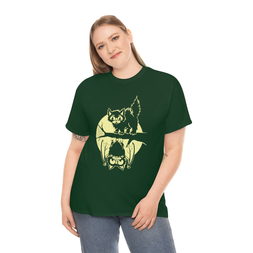 Cat & Bat | Unisex | Heavy Cotton | T-Shirt | Halloween | Moon | Cute