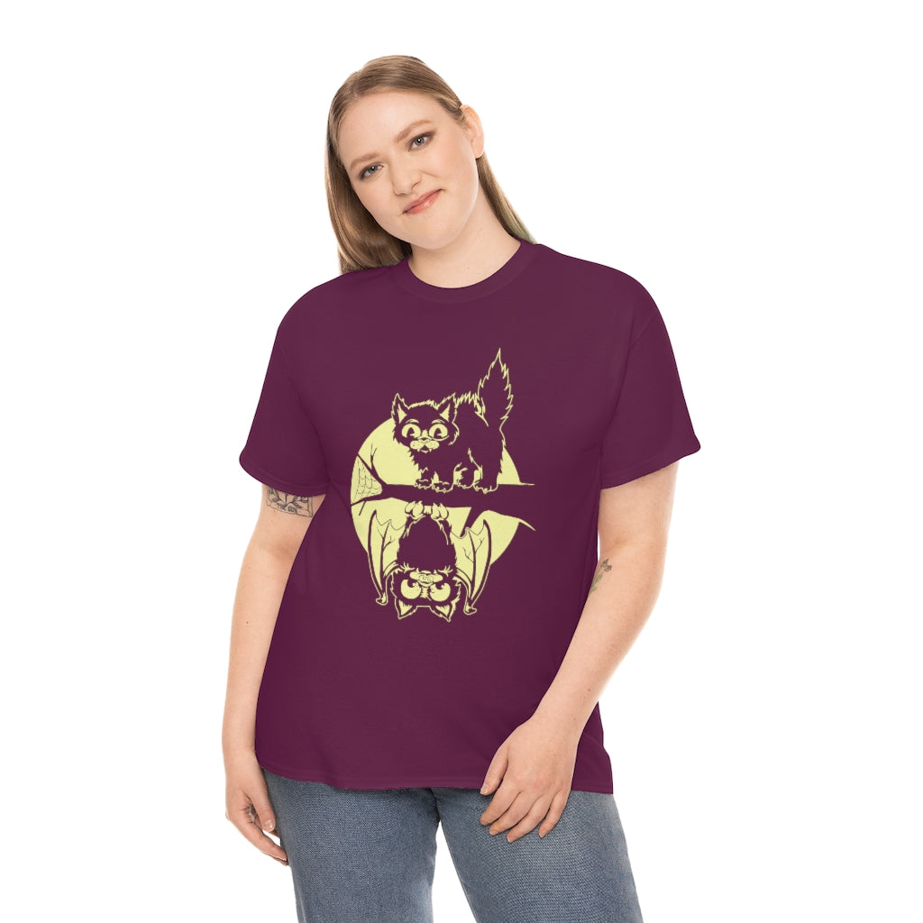 Cat & Bat | Unisex | Heavy Cotton | T-Shirt | Halloween | Moon | Cute