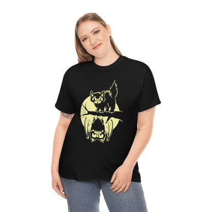 Cat & Bat | Unisex | Heavy Cotton | T-Shirt | Halloween | Moon | Cute