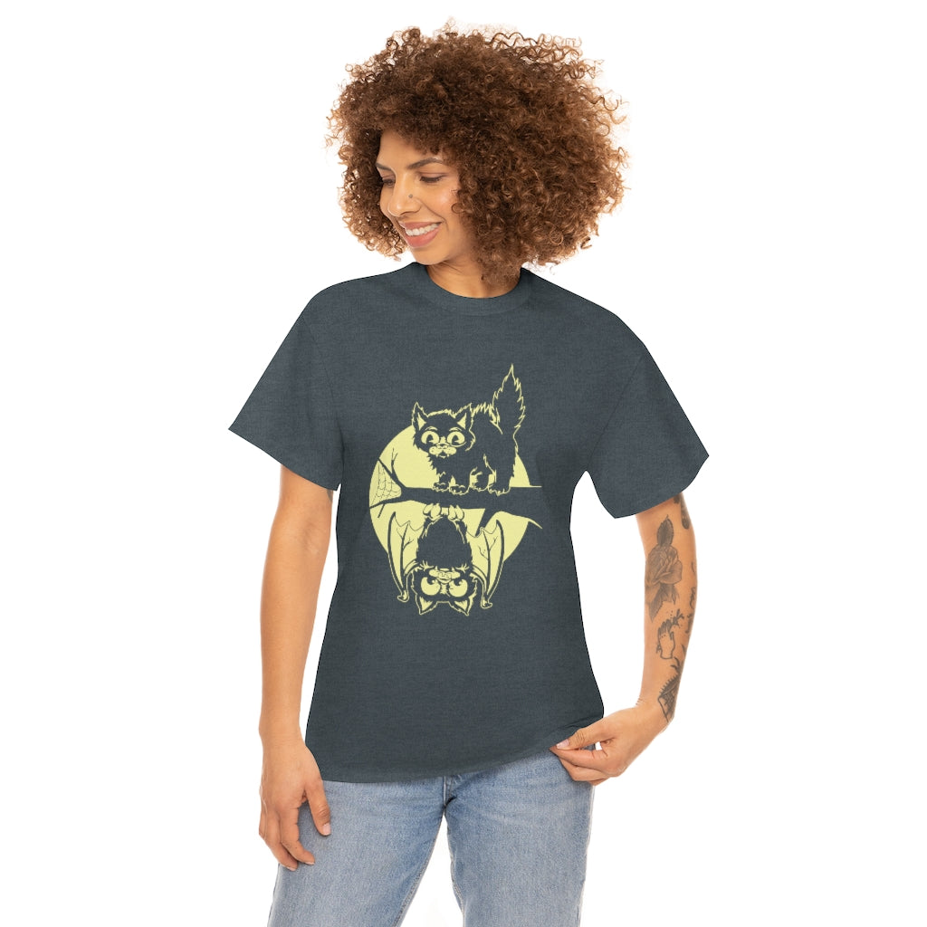 Cat & Bat | Unisex | Heavy Cotton | T-Shirt | Halloween | Moon | Cute